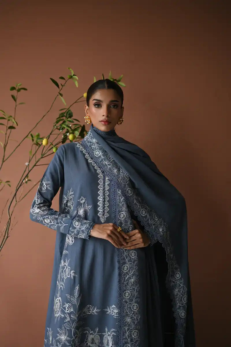 Zaib - BLUE SLATE GREY LUXURY EMBROIDERED KARANDI SET (NEL-24630) -3 Piece