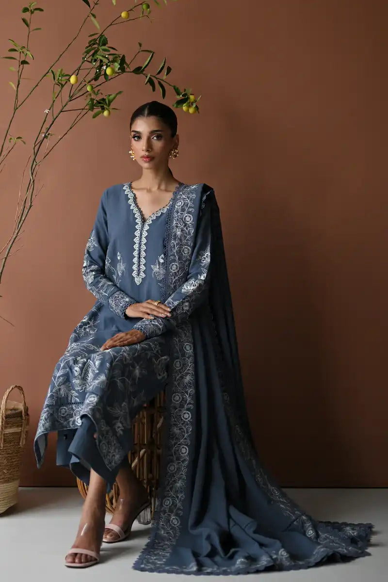 Zaib - BLUE SLATE GREY LUXURY EMBROIDERED KARANDI SET (NEL-24630) -3 Piece