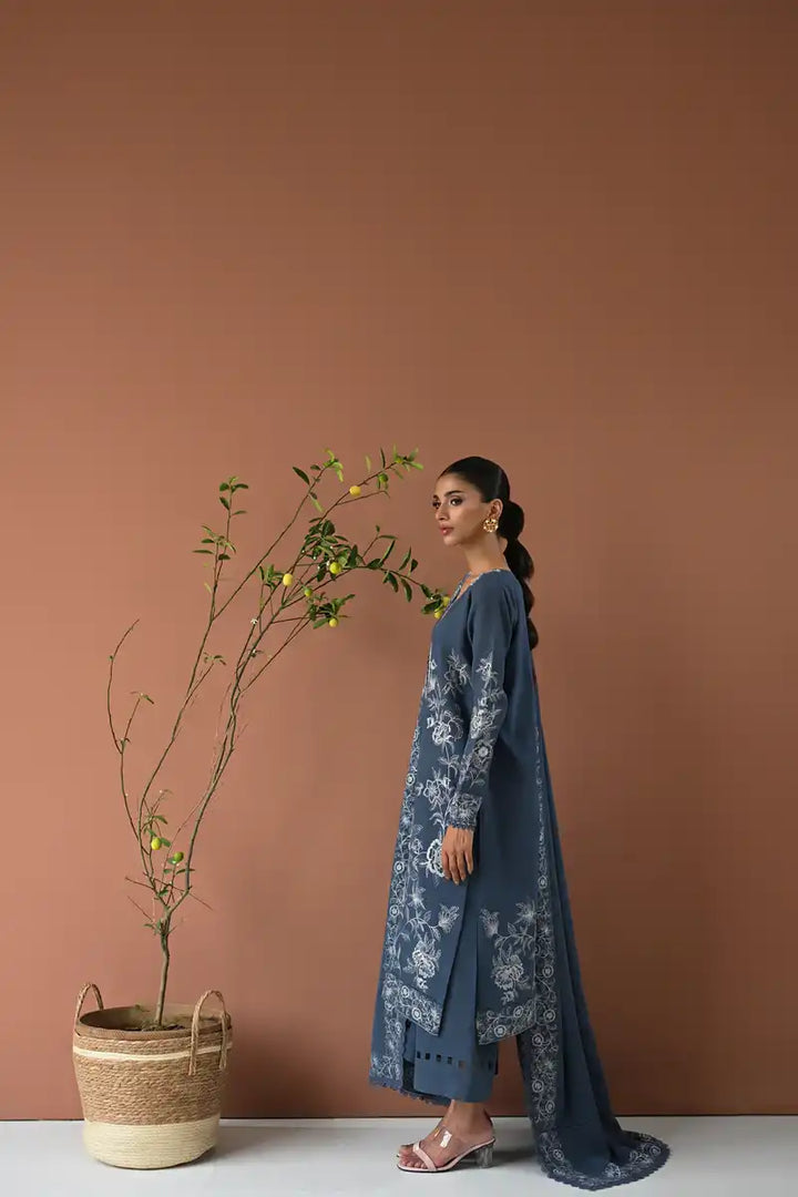 Zaib - BLUE SLATE GREY LUXURY EMBROIDERED KARANDI SET (NEL-24630) -3 Piece