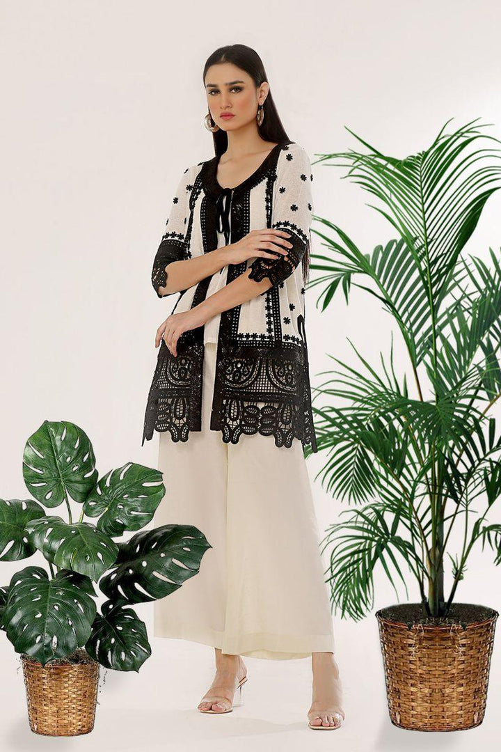 Rizwan Beyg - Amal Front Open Coat - Irish Linen - White & Black - 1 Piece