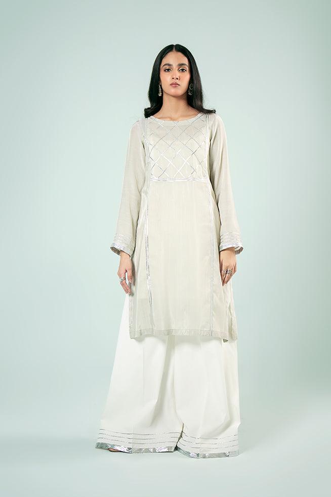 FOZIA KHALID  - Silver Panelled Kurta - PK Silk - 1 Piece