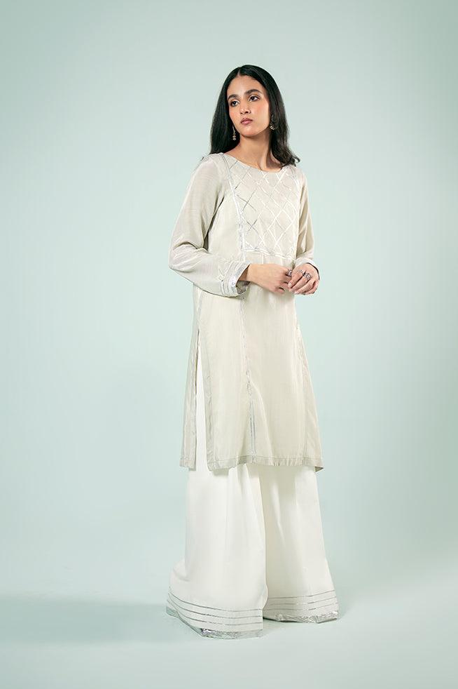 FOZIA KHALID  - Silver Panelled Kurta - PK Silk - 1 Piece