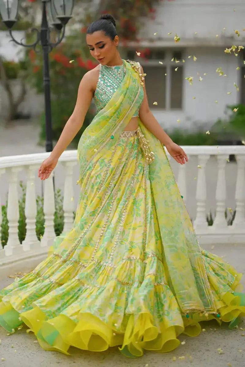 Sania Maskatiya - Neha - Lehnga Choli - Khaadi Silk - Mint Green & Lemon Yellow