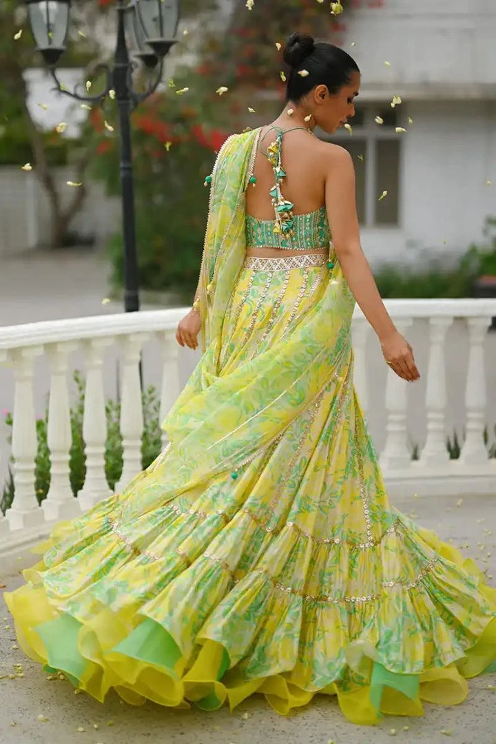 Sania Maskatiya - Neha - Lehnga Choli - Khaadi Silk - Mint Green & Lemon Yellow