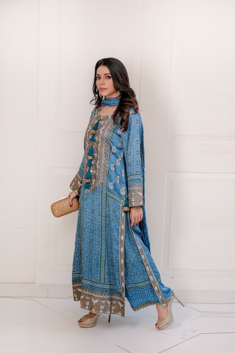 Shehrnaz - SHK-1353 - Blue - Satin silk - 3 Piece