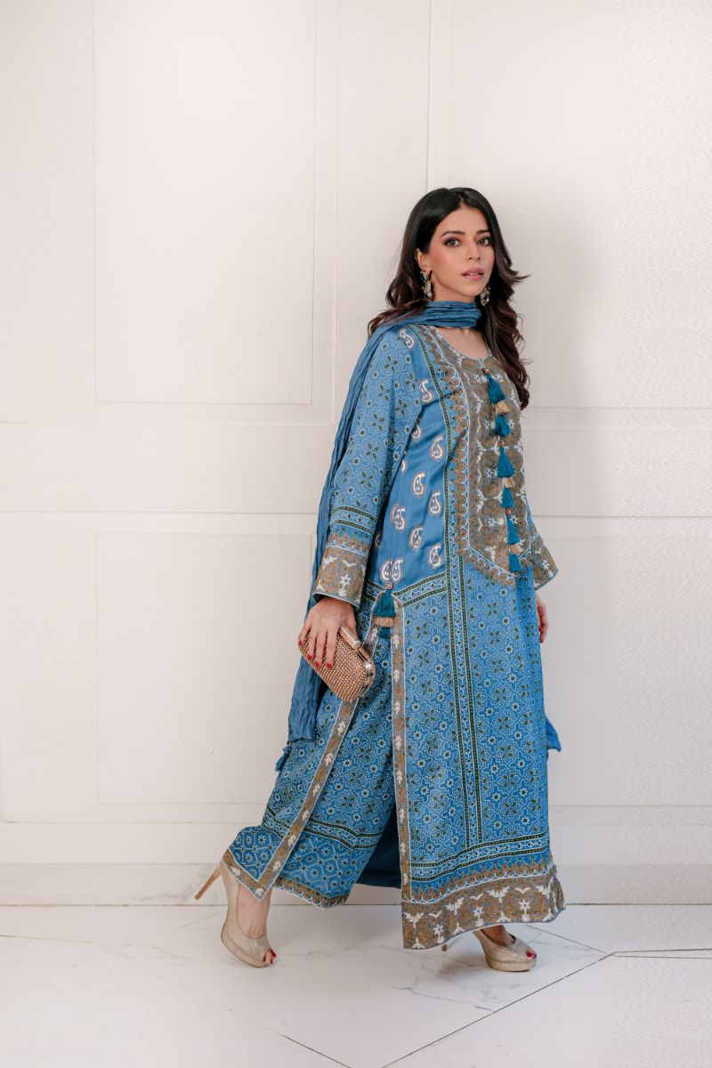 Shehrnaz - SHK-1353 - Blue - Satin silk - 3 Piece