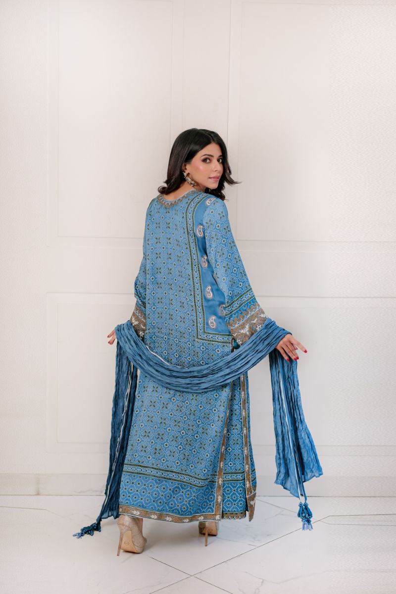 Shehrnaz - SHK-1353 - Blue - Satin silk - 3 Piece