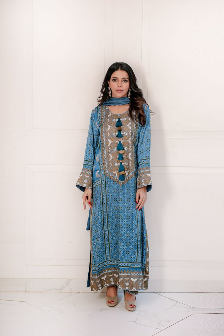 Shehrnaz - SHK-1353 - Blue - Satin silk - 3 Piece