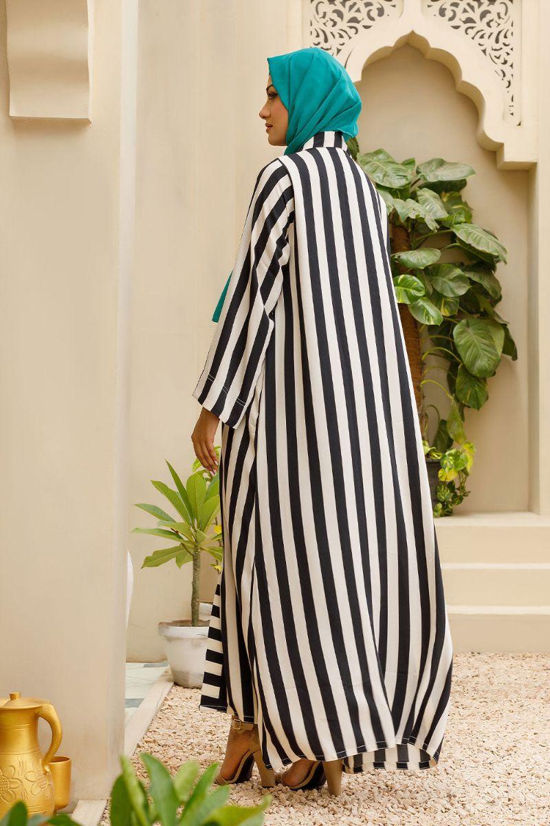 Hijabi - Striped Silk Front Open Abaya - Black & White - Studio by TCS