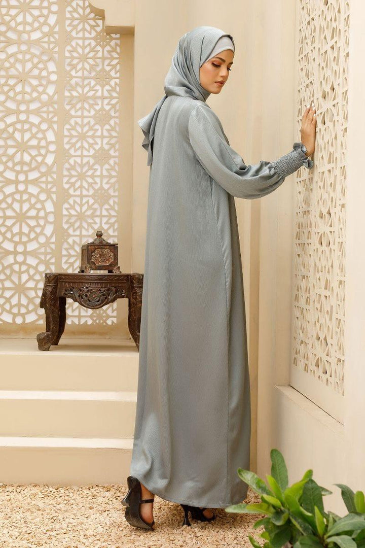 Hijabi - Smocked Sleeve Front-Open Abaya - Grey - Studio by TCS