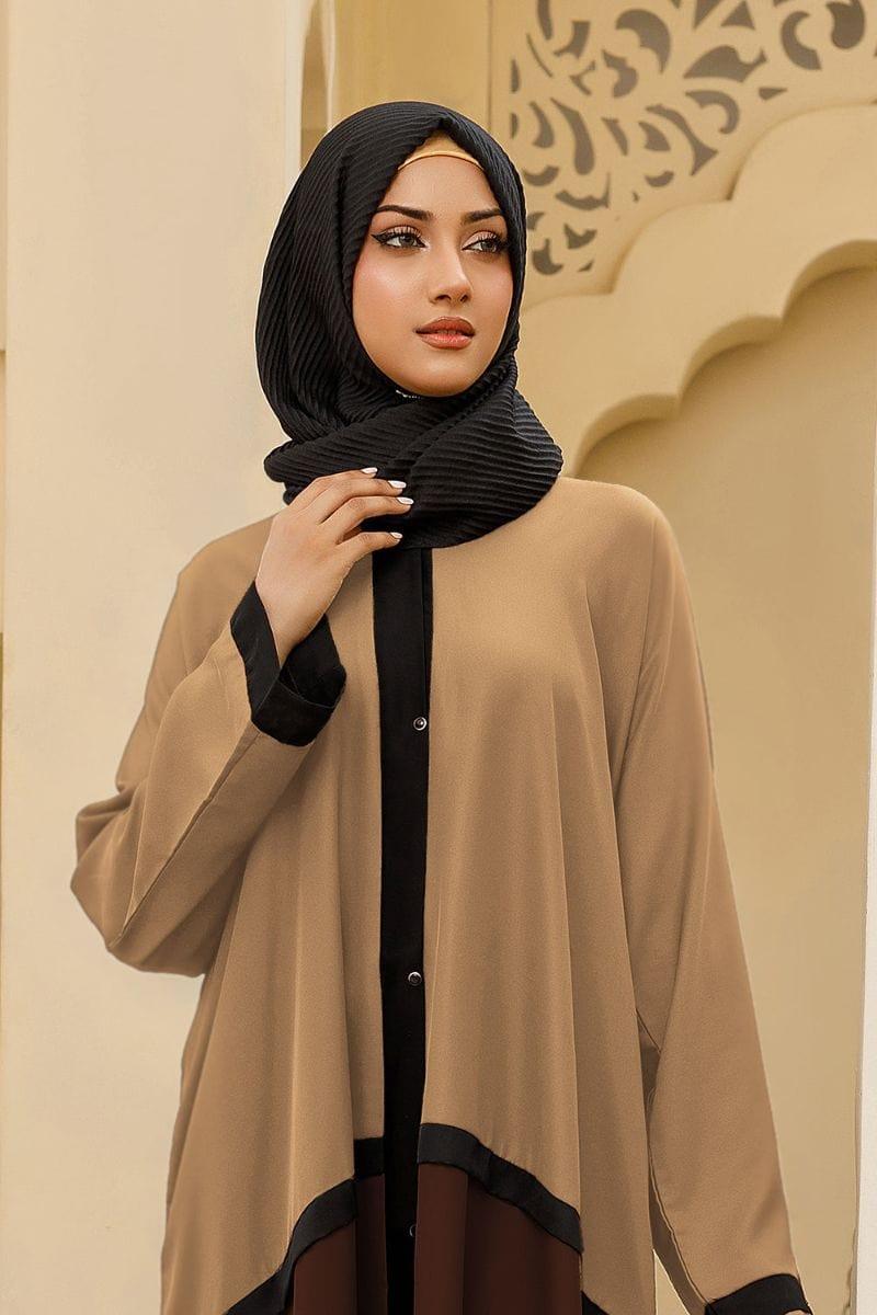 Hijabi - Bicolor Front Open Abaya - Beige and Brown - Studio by TCS