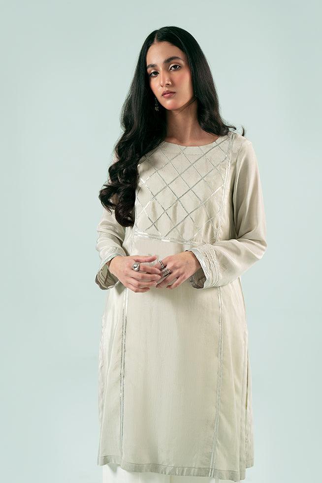 FOZIA KHALID  - Silver Panelled Kurta - PK Silk - 1 Piece