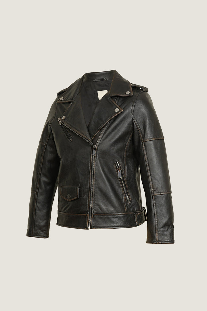 Novado - Women's Patchwork Biker Leather Jacket - Black - 1 Piece