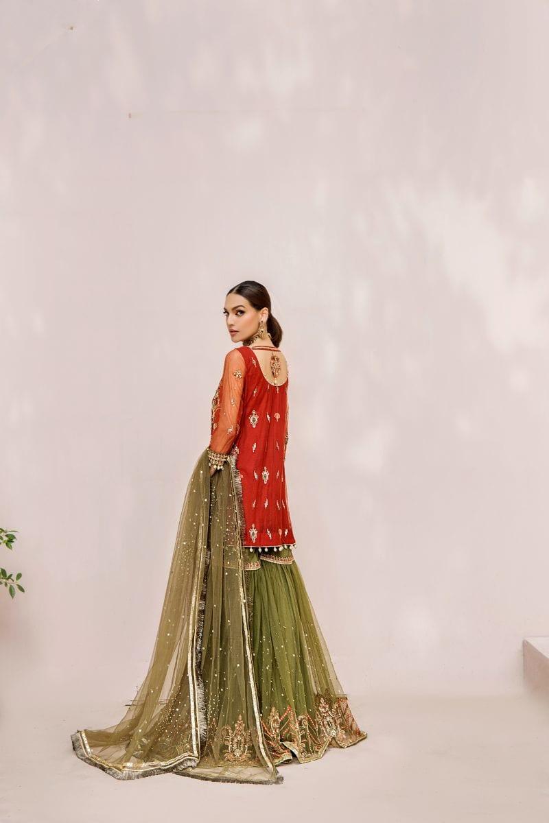 Malook - Mahru - Net - Rust orange & olive green - 3 Piece - Studio by TCS