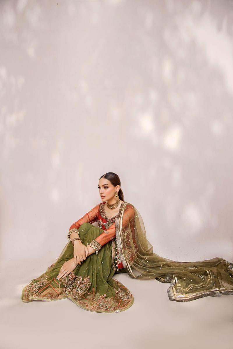 Malook - Mahru - Net - Rust orange & olive green - 3 Piece - Studio by TCS