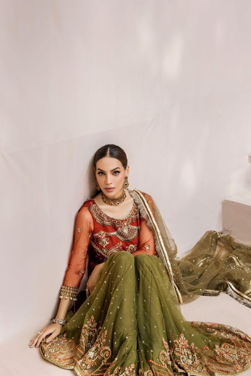 Malook - Mahru - Net - Rust orange & olive green - 3 Piece - Studio by TCS