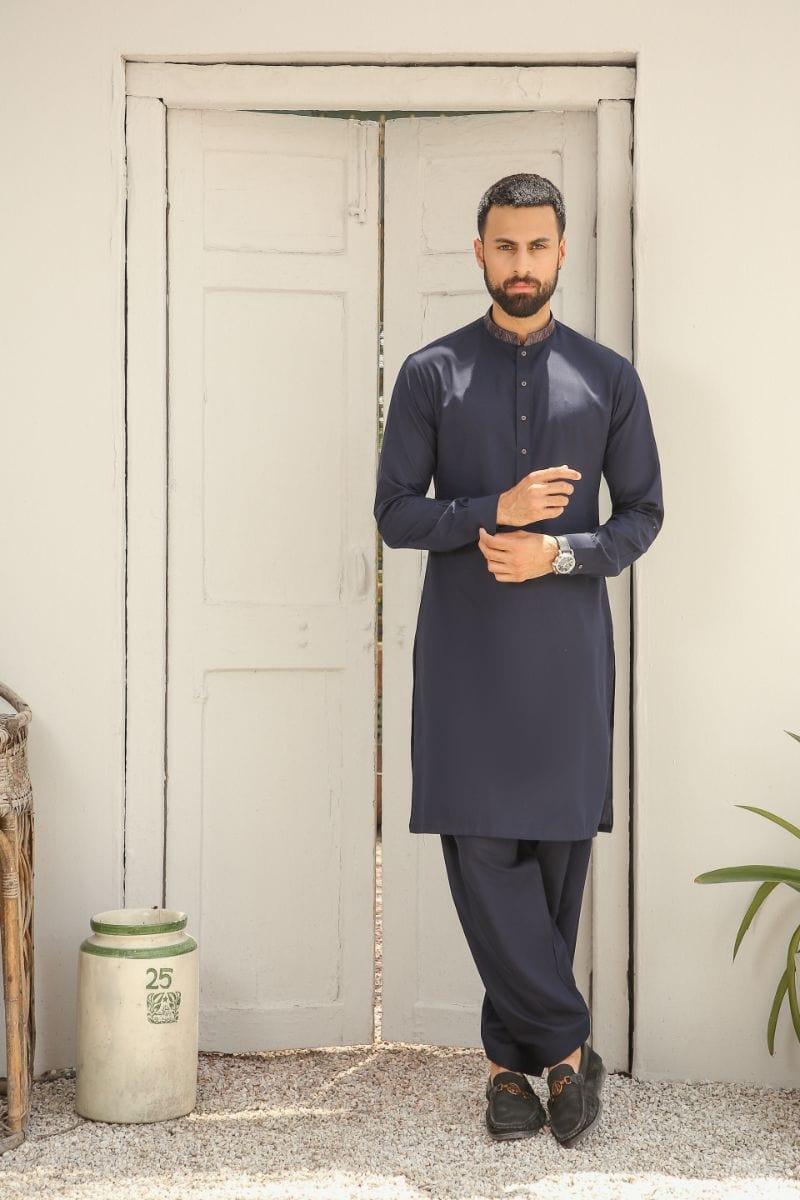 GEM GARMENTS - Guzarish - Band Collar - Navy Blue - 2 Piece - Studio by TCS