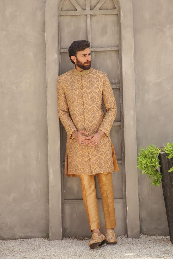 GEM GARMENTS - Hayat - Band Collar - Gold & Fawn - Sherwani - 1 Piece - Studio by TCS