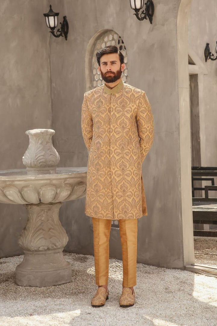 GEM GARMENTS - Hayat - Band Collar - Gold & Fawn - Sherwani - 1 Piece - Studio by TCS