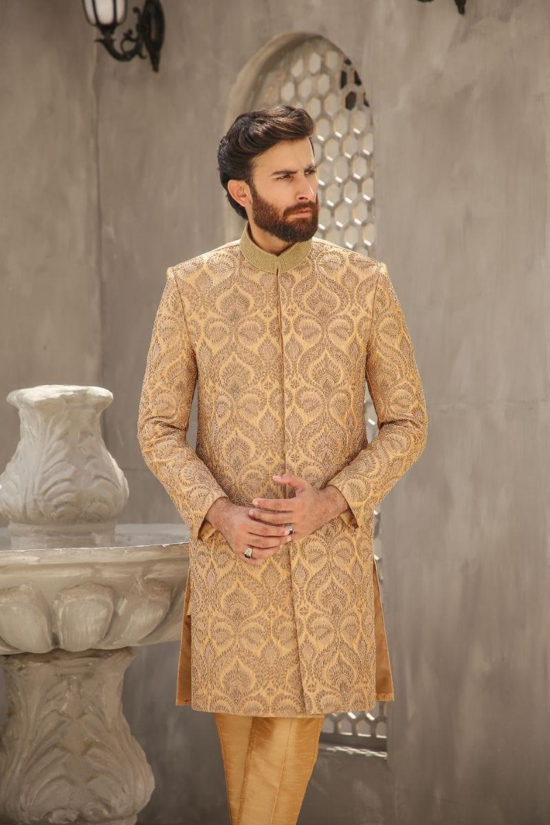 GEM GARMENTS - Hayat - Band Collar - Gold & Fawn - Sherwani - 1 Piece - Studio by TCS