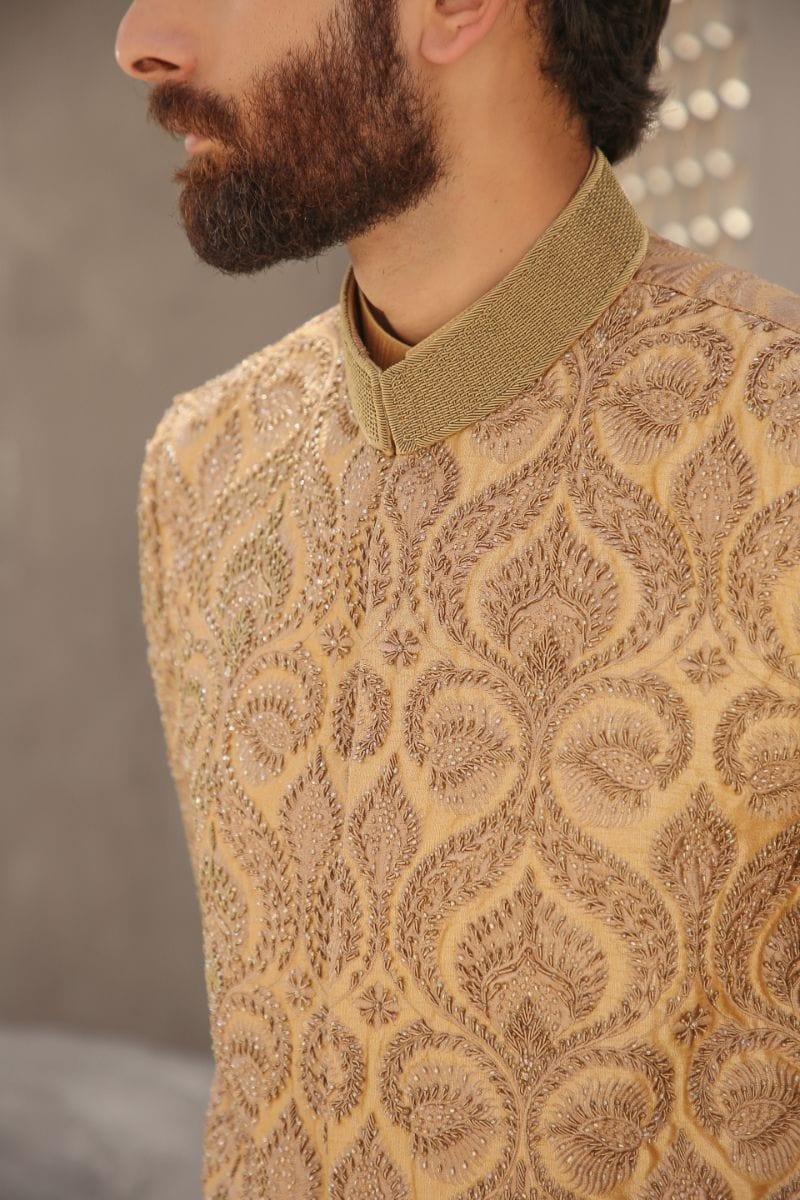 GEM GARMENTS - Hayat - Band Collar - Gold & Fawn - Sherwani - 1 Piece - Studio by TCS