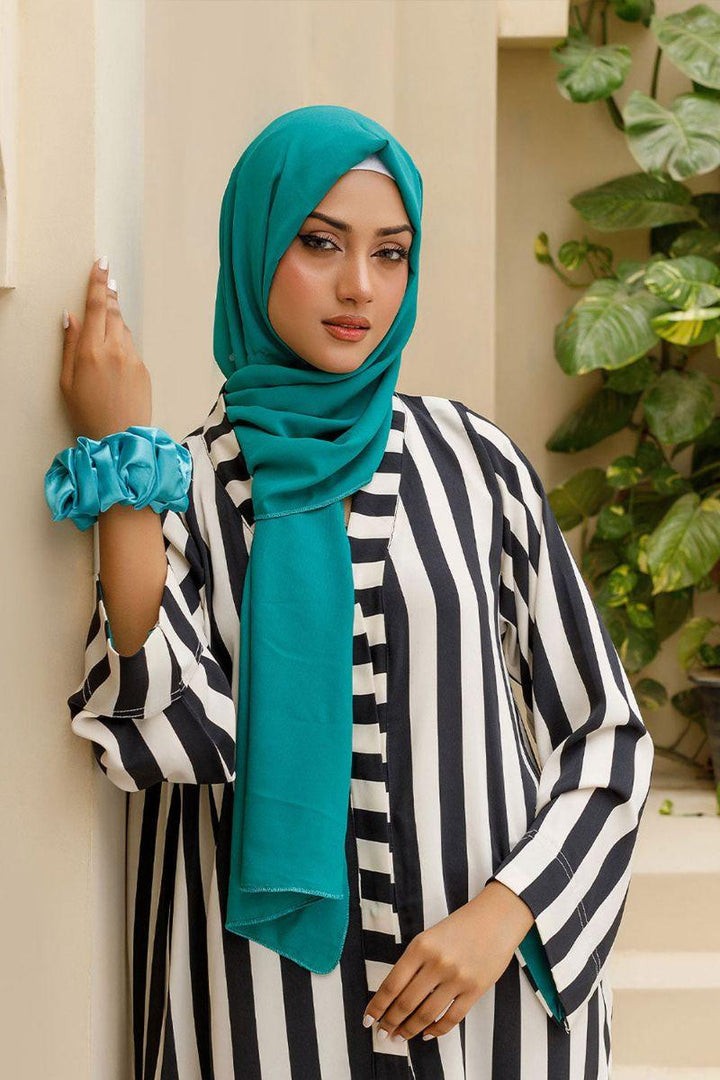 Hijabi - Striped Silk Front Open Abaya - Black & White - Studio by TCS