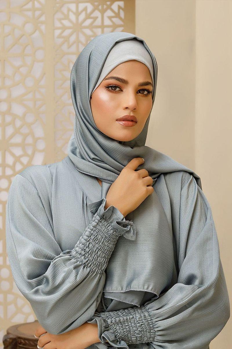 Hijabi - Smocked Sleeve Front-Open Abaya - Grey - Studio by TCS