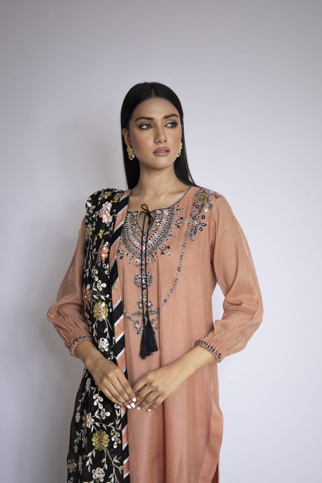 Sadia Aamir - Azara - Tea Pink Khaddi Net Shirt and Silk Culottes with Chiffon Dupatta - 3 Piece - Studio by TCS