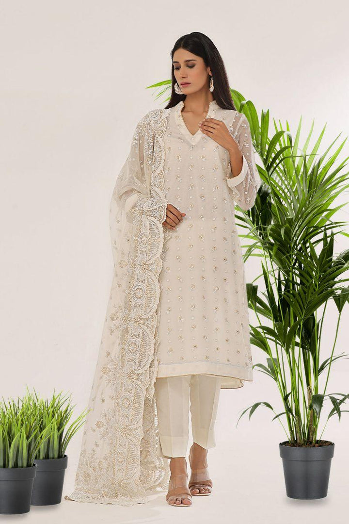 Rizwan Beyg - Gulnoor Shirt & Shawl - Cotton Net - White - 2 Piece