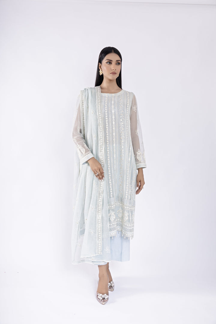 Sadia Aamir - Mina - Ice Blue Khaddi Net Shirt and Dupatta with Culottes - 3 Piece - Studio by TCS
