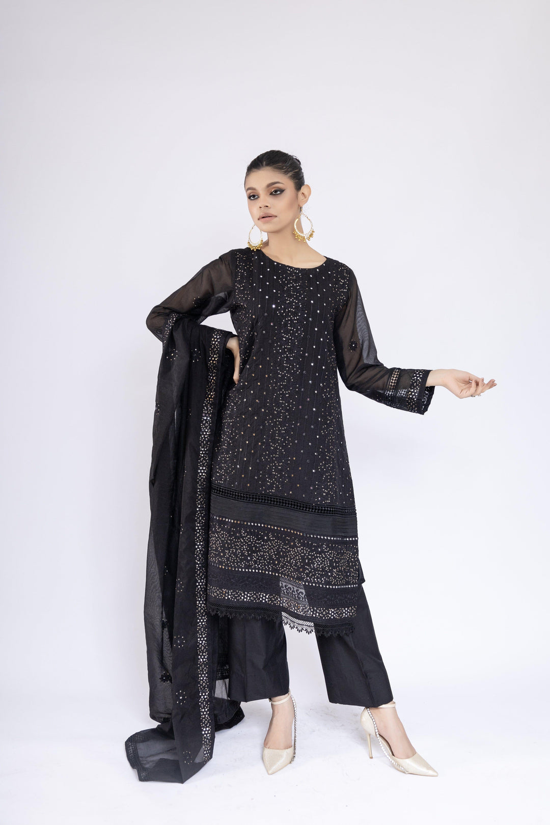 Sadia Aamir - Lailah - Black Organza Embroidered Shirt and Dupatta with Culottes - 3 Piece - Studio by TCS