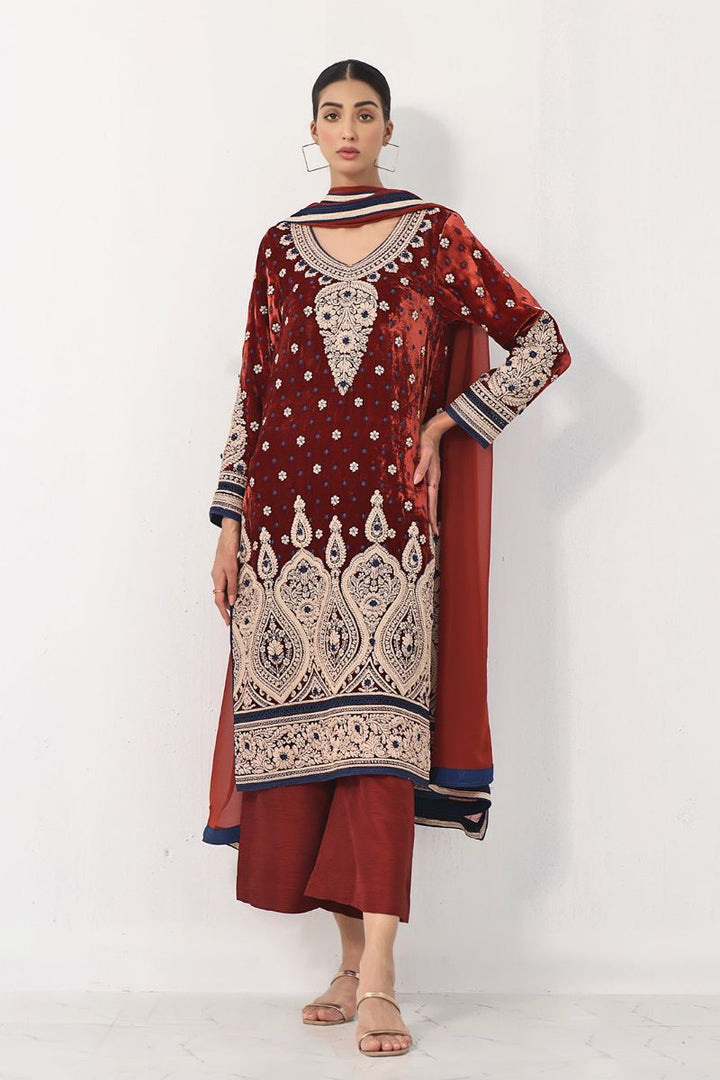 Rizwan Beyg Design - Dilara - Pure Velvet - Maroon - 2 Piece