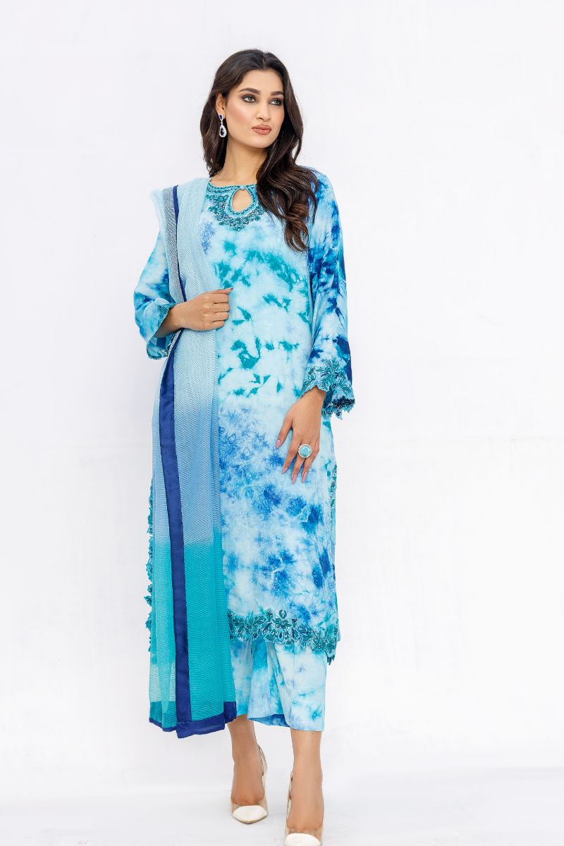 Anayra Amal - Aabshaar - Blue Tie & Dye - Dull Silk - 3 Piece