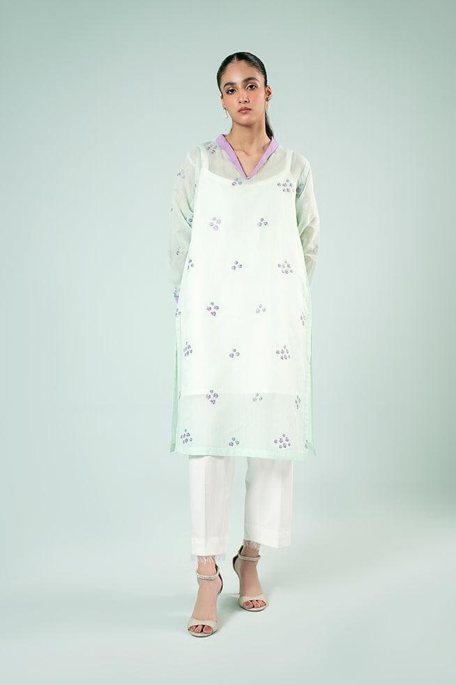 FOZIA KHALID  - Meadow Kurta - Light Mint - Paper Silk - 1 Piece