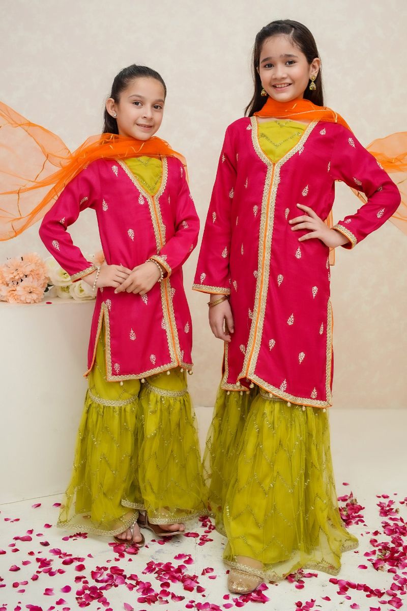 Modest - Noorani - Raw Silk - Hot Pink - Girls 3 Piece Suit