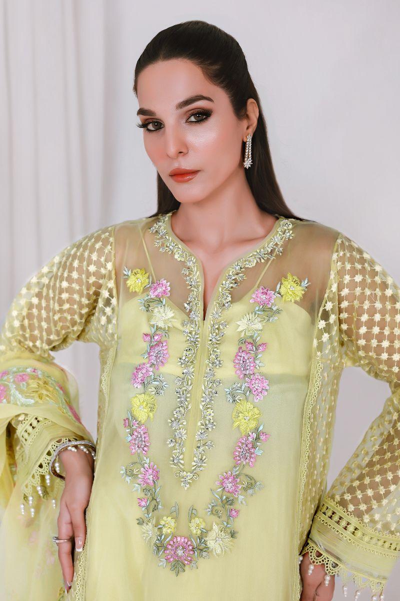 Reema Ahsan - NIDA - Organza  - Lemon yellow  - 3 Piece