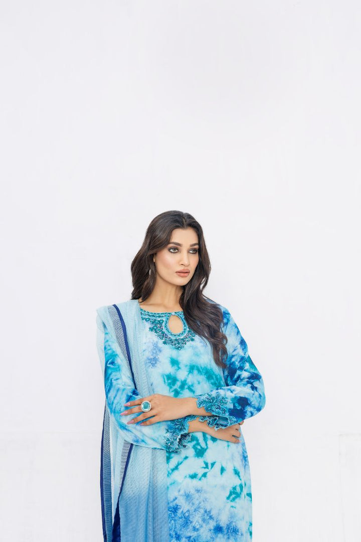 Anayra Amal - Aabshaar - Blue Tie & Dye - Dull Silk - 3 Piece