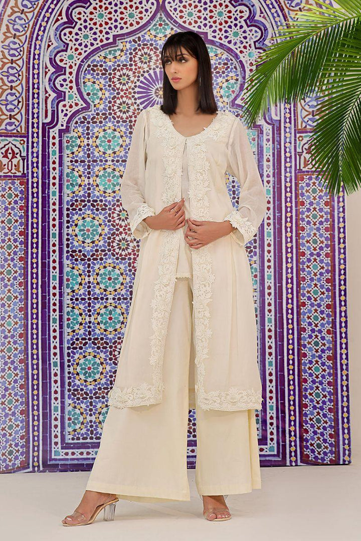 Rizwan Beyg - Aura Front Open Coat - Bareeze Cotton - White - 2 Piece