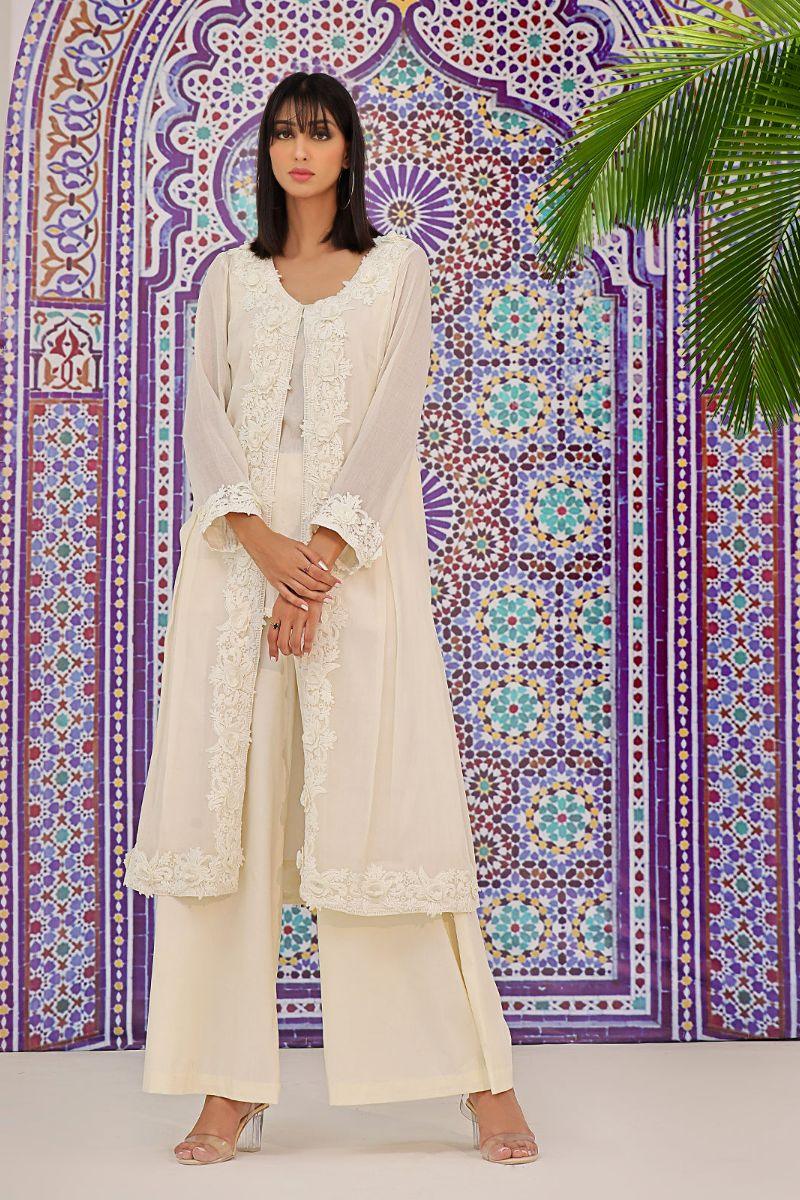 Rizwan Beyg - Aura Front Open Coat - Bareeze Cotton - White - 2 Piece