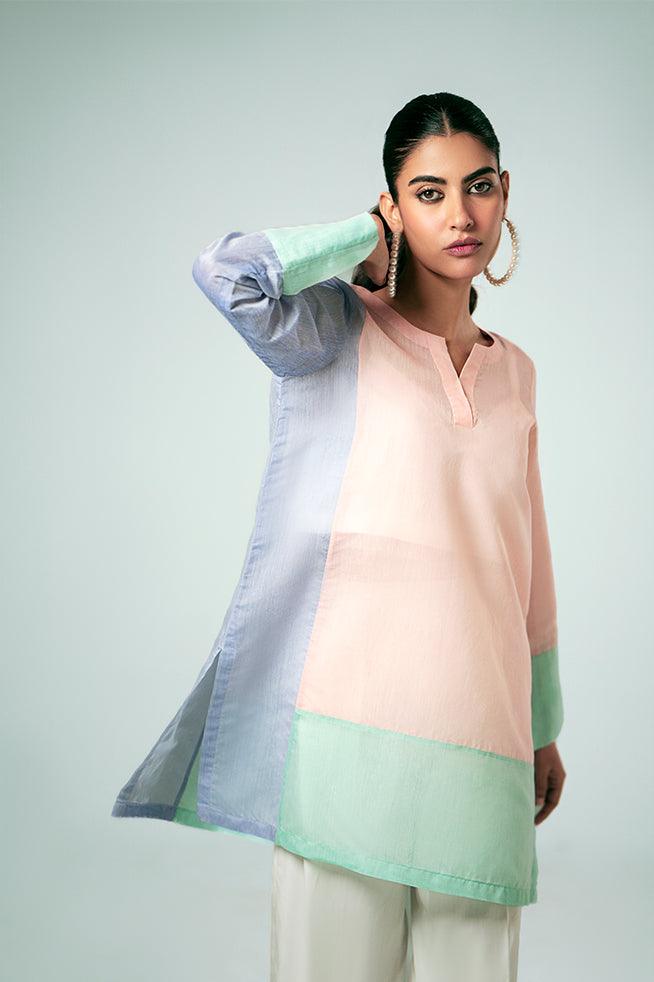 FOZIA KHALID  - Pastel Contrast Tunic - Paper Silk - 1 Piece