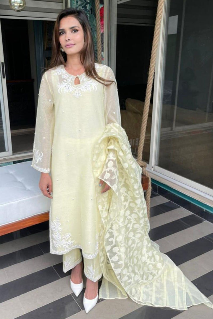 Maheen Trends - Summer zest - Lime Yellow - 3 Piece - Organza