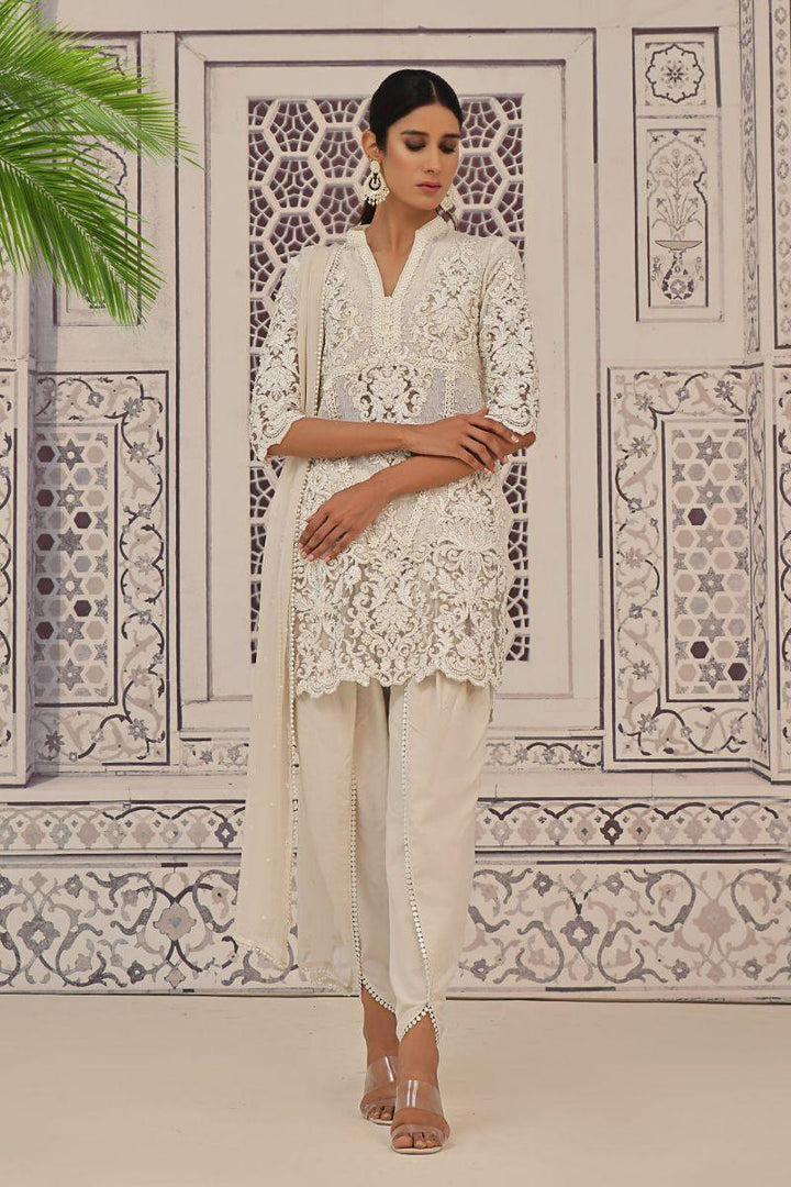 Rizwan Beyg - Meili Short Pearls Kurti - Irish Linen - White - 2 Pieces