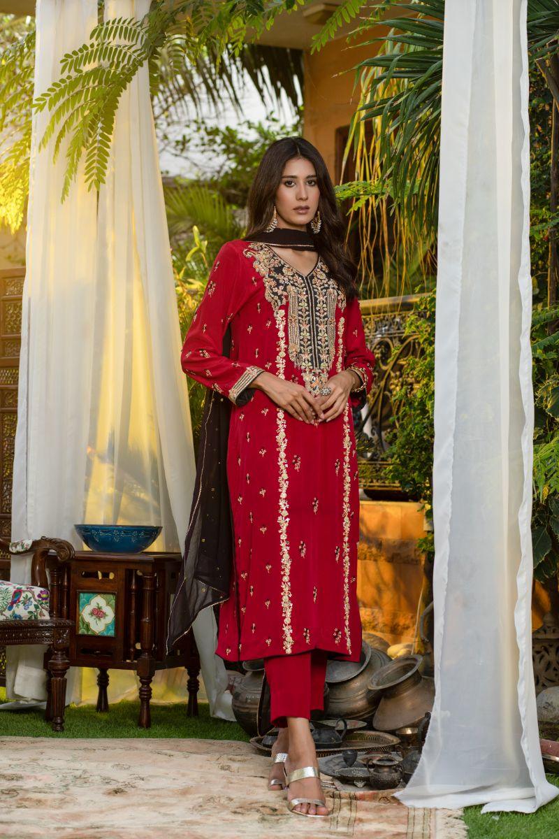 Khayal By Shaista Hasan - Red and black - Pure Crepe Silk - 3 Piece