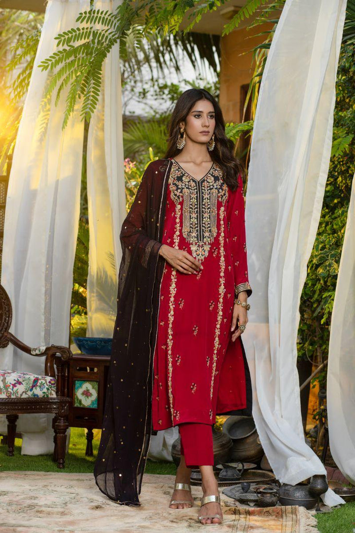 Khayal By Shaista Hasan - Red and black - Pure Crepe Silk - 3 Piece