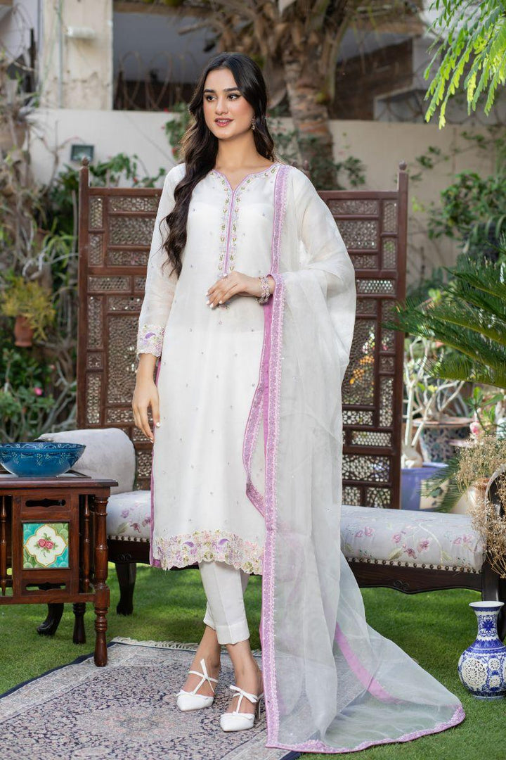 Khayal By Shaista Hasan - White and Lilac - Puure Organza - 3 Piece