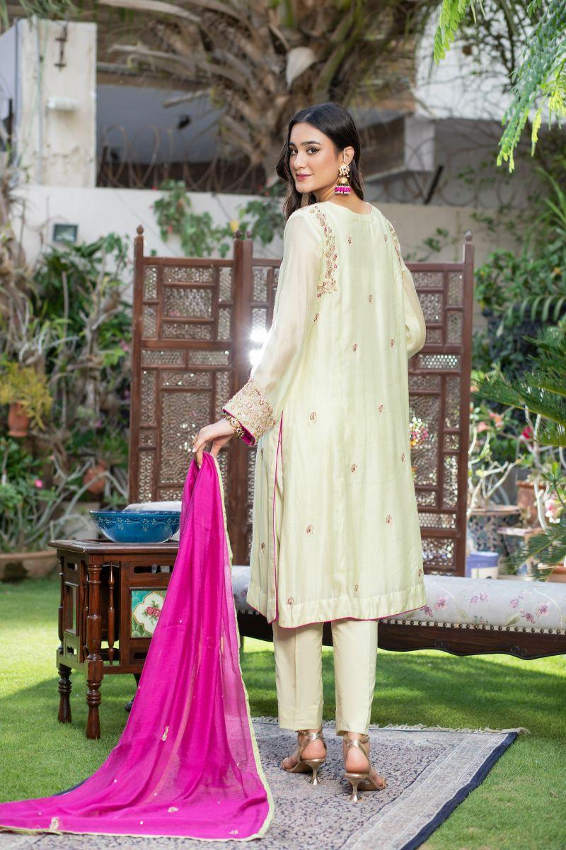 Khayal By Shaista Hasan - Olive green and Magenta - Pure Silk - 3 Piece