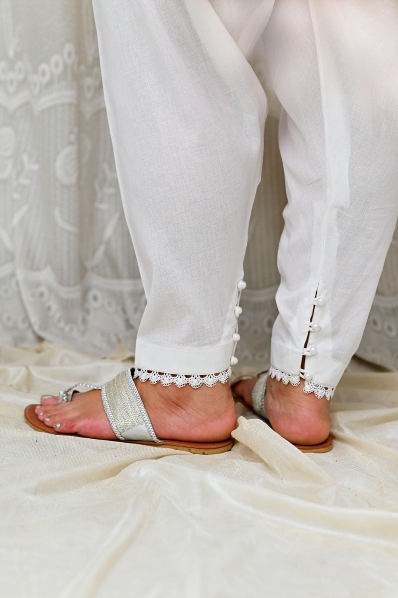 AlifYay - White Shalwar styled with lace & beads AYW-007 - Cotton - Studio by TCS