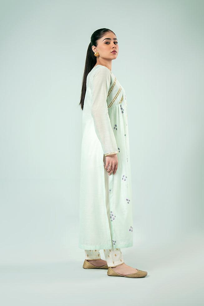 FOZIA KHALID  - Floral Paneled Tunic - Light Mint - Paper Silk - 1 Piece