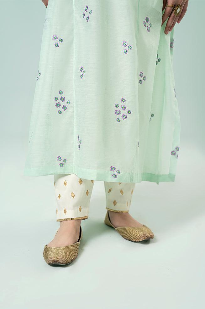 FOZIA KHALID  - Floral Paneled Tunic - Light Mint - Paper Silk - 1 Piece