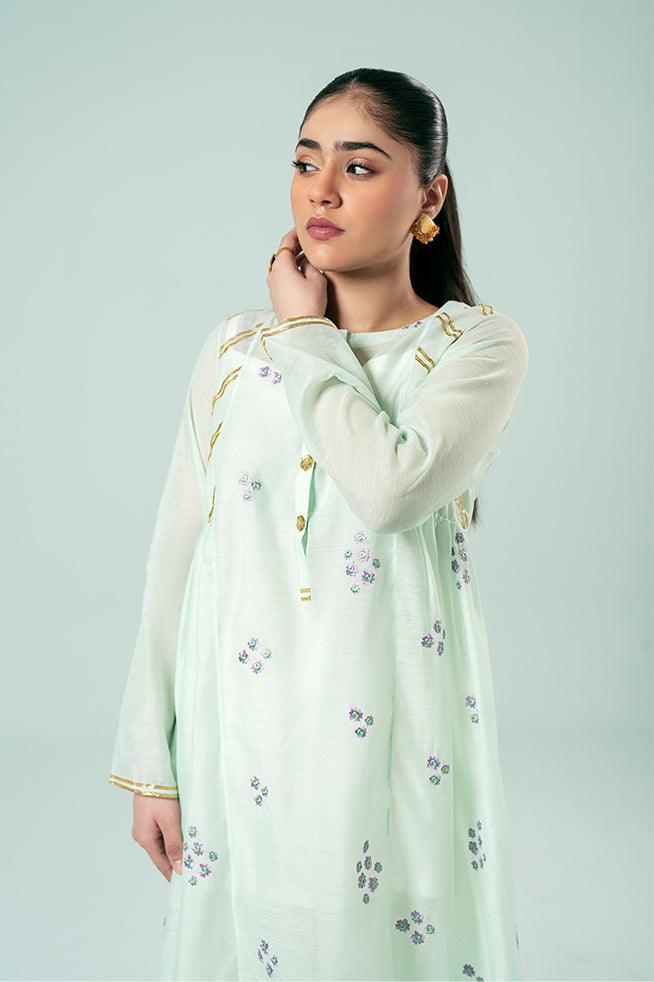 FOZIA KHALID  - Floral Paneled Tunic - Light Mint - Paper Silk - 1 Piece